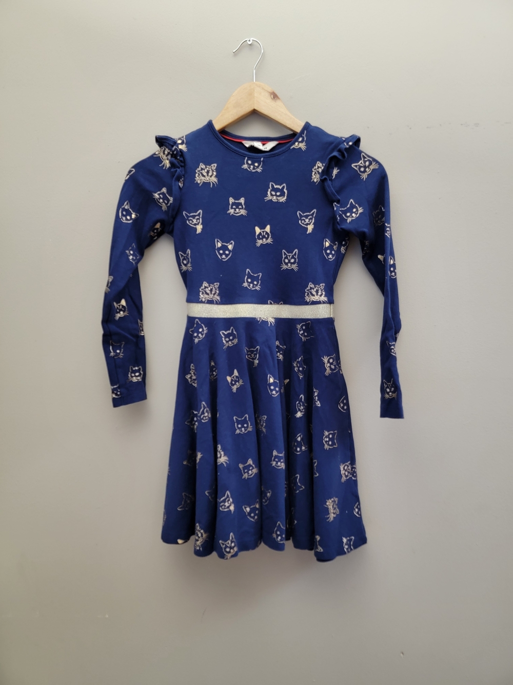 Mini Boden Navy Dress with Gold Waistband and Cat Faces Size 10-11Y